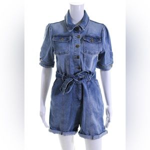 New Avec Les Filles Womens Denim Short Sleeve Buttons Romper Blue Size Small